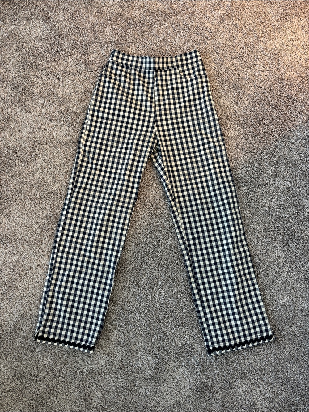 Navy Blue and White Gingham Straight-Leg Pants